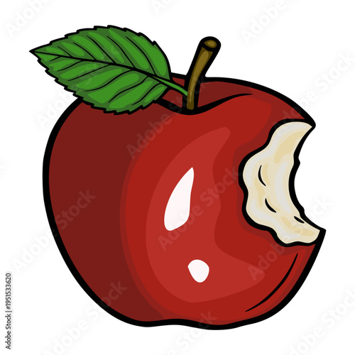 Bitten Red Apple vector illustration with green leaf and stem