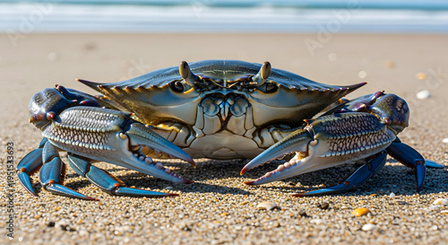 Blue crab standing on sandy beach with ocean in background