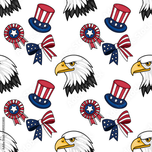 Seamless vector pattern of patriotic American symbols including eagles, Uncle Sam hats, and ribbons