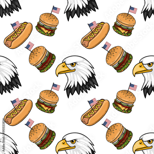 Seamless vector pattern of American fast food and eagle heads with US flags