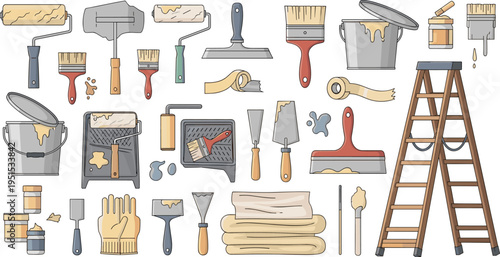 Painting and Decorating Tools Vector Illustration Set with Paint Brushes, Rollers, Buckets, Ladder, Scrapers, Putty Knives and Home Renovation Equipment
