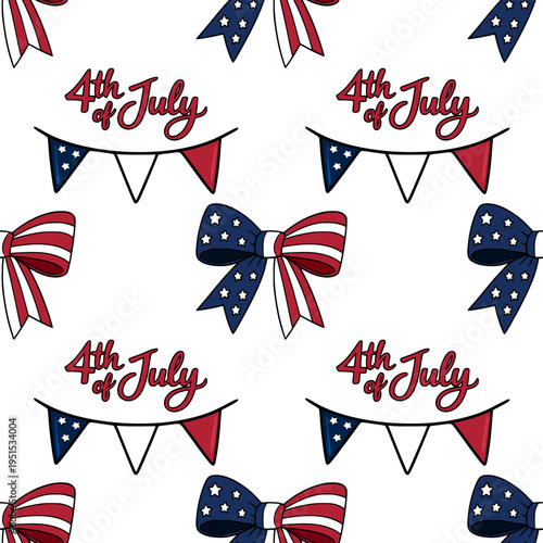 Seamless vector pattern of 4th of July elements with patriotic bows and bunting flags