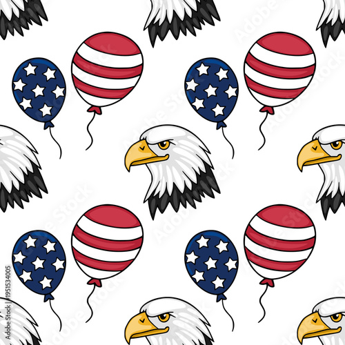Seamless vector pattern of patriotic American bald eagles and stars and stripes balloons for Fourth of July celebrations