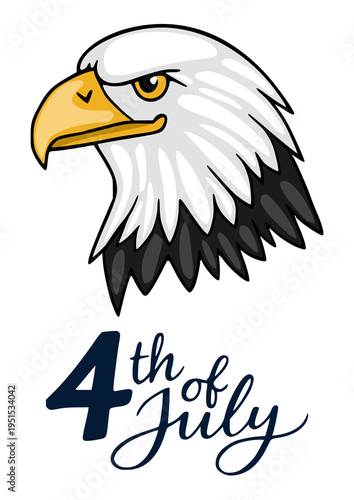 Festive bald eagle head illustration with "4th of July" text, patriotic vector poster