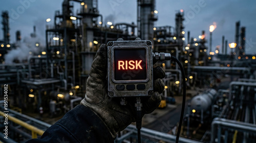 Wallpaper Mural Risk warning sign held by worker in industrial plant with pipes and flare stacks in background, conveying danger and safety concern in hazardous environment Torontodigital.ca