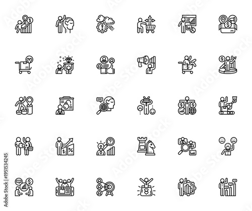 Consumer Behaviour icon set. Vector illustration with symbols for demand, decision, analysis, motivation, satisfaction, market research, feedback, target customer and more. Editable stroke.