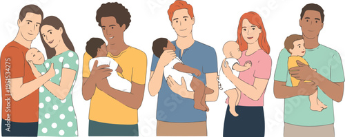 Set of diverse happy parents including fathers and mothers holding their newborn babies representing parenting childcare love and family diversity vector illustration.
