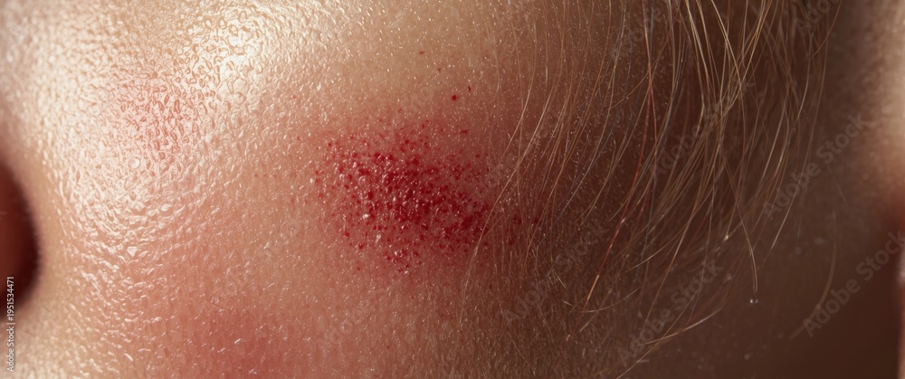 Fototapeta premium Dermatology close-up highlighting melanoma angioma and red textured spots on light tone skin
