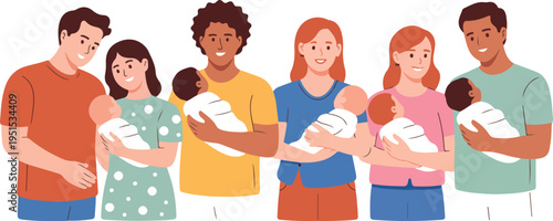 Set of diverse happy parents including fathers and mothers holding their newborn babies representing parenting childcare love and family diversity vector illustration.