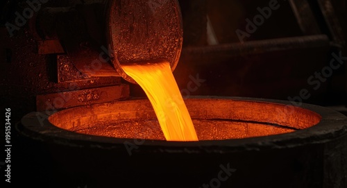 Intense heat molten metal flowing from ladle into crucible during metallurgical manufacturing