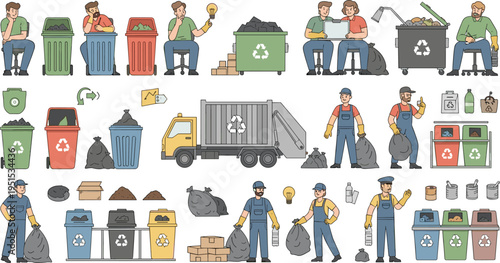 Sanitation Workers and Recycling Management Vector Set Featuring Garbage Collectors Trash Bins Waste Sorting Trucks and Environmental Cleaning Services