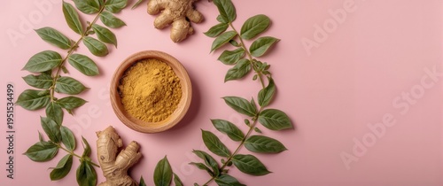 Wallpaper Mural Flat lay of fresh ginger and green leaves surrounding wooden bowl of ground ginger powder on pastel pink backdrop Torontodigital.ca