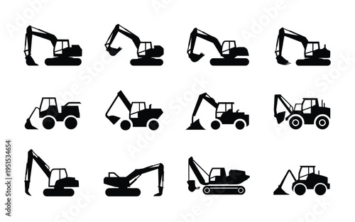 Collection of heavy machinery icons including excavators and tractors in black silhouette