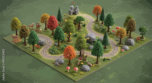 Isometric 3D vector illustration of a fantasy forest landscape with a medieval castle, winding paths, trees, rocks, and mushrooms on a green background
