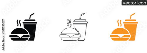Vector icons of burger and drink combo in black, line art, and orange styles, perfect for food delivery or restaurant concepts