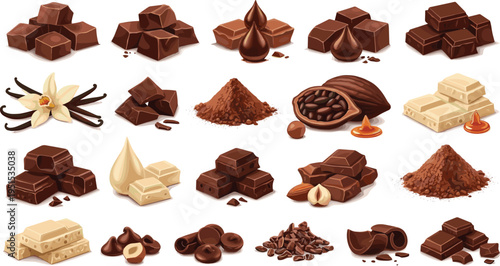 Cartoon Chocolate Collection with Dark Milk White Chocolate Bars Cocoa Powder Beans Truffles and Sweets for Food Vector Illustration
