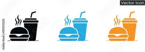 Vector icons of fast food items, including burger and drink, in black, blue, and orange colors, on a clean white background