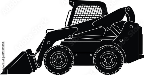 Silhouette of skid-steer loader construction machine with front bucket attachment, rugged tires, protective 