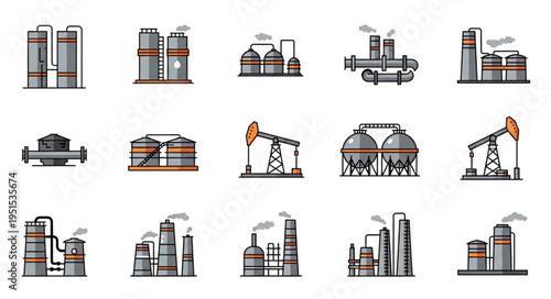 Oil and Gas Industry Icons - Detailed Illustrations of Industrial Facilities.