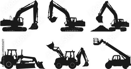 Silhouettes of heavy construction vehicles including excavators, bulldozer, backhoe loader, and telescopic handler showcasing earthmoving machinery 