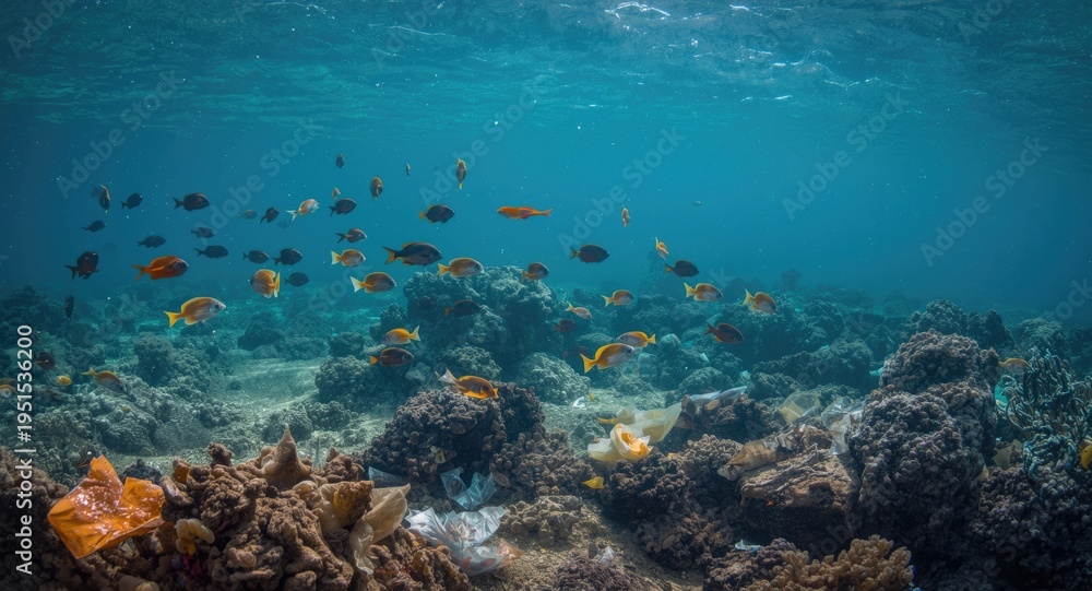 Fototapeta premium Environmental impact of underwater plastic pollution on marine ecosystems
