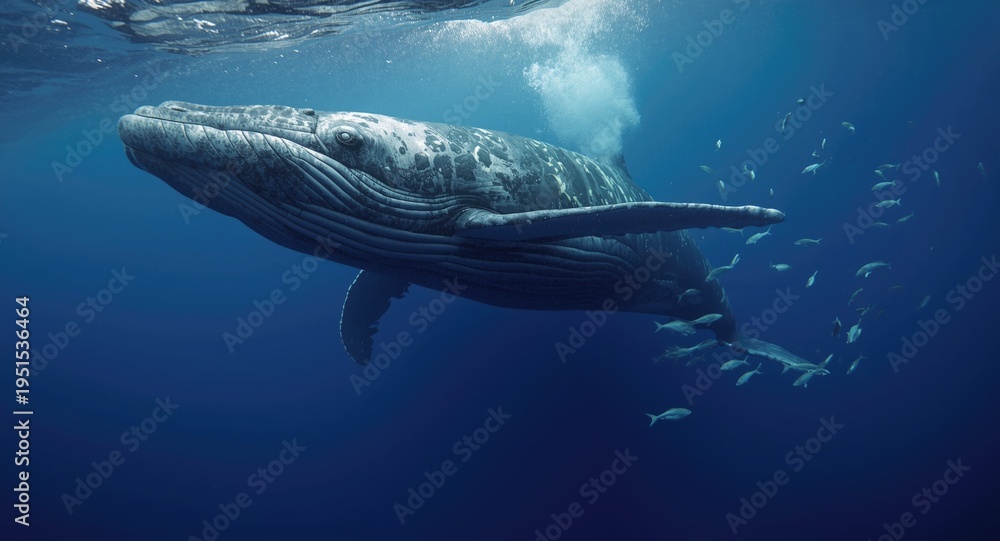 Naklejka premium Marine biology focus on a humpback whale interacting with fish in its aquatic environment