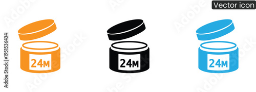 Vector icons of open jars with 24M label in orange, black, and blue on white background for skincare or product packaging design