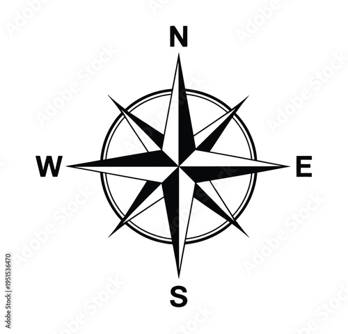Compass Rose Black Silhouette with Cardinal Directions on White Background