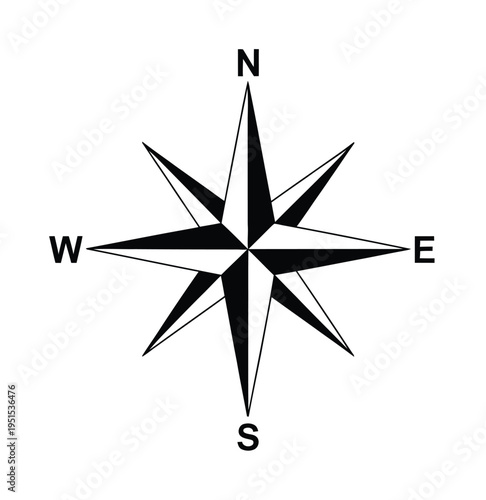 Compass Rose Icon Black Directional Symbol Isolated on White