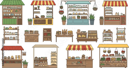 Cartoon Grocery Market Stall Collection with Bakery Shelves Produce Displays Shop Counters and Retail Store Interior Elements Vector Illustration