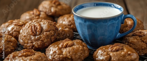 Nut cookies glazed sweetly alongside a blue porcelain milk cup