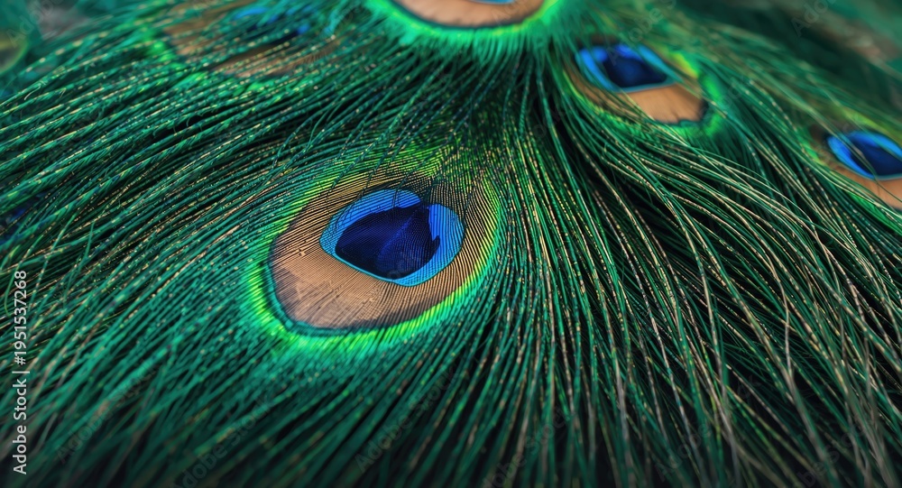 Fototapeta premium Macro closeup capturing colorful peafowl feather details