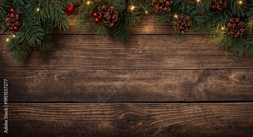 Cozy festive setting featuring pine branches and bright Christmas decorations on a textured wooden backdrop
