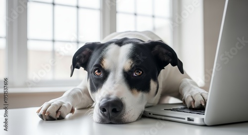 Cute black and white dog with sad eyes resting head on a modern silver laptop keyboard, looking directly at camera, representing pet ownership and remote work.