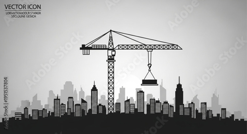 Construction crane lifting a load over a city skyline silhouette, building progress.