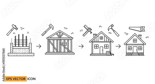 Construction process illustration - building a house step-by-step with tools.