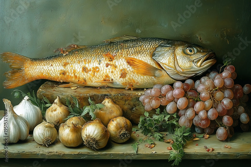 Food still life in vintage style: raw carp on the kitchen counter with grapes, onion, garlic and parsley