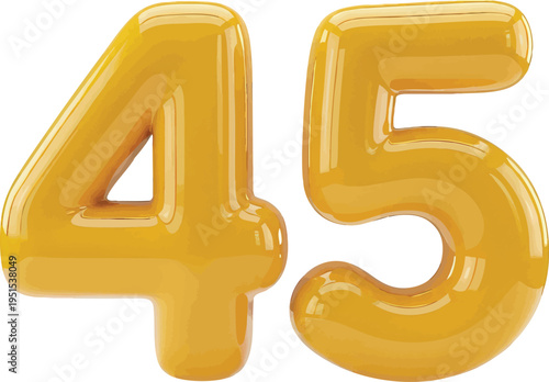 Glossy Yellow Number 45 Balloon 3D Render on transparent background for Celebrations