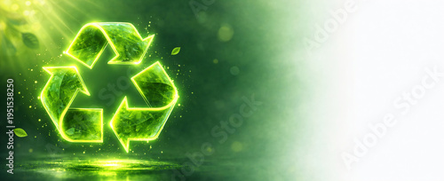 Glowing green volumetric 3D recycling symbol placed on the left side with large copy space on the right. Environmental protection and zero waste concepts