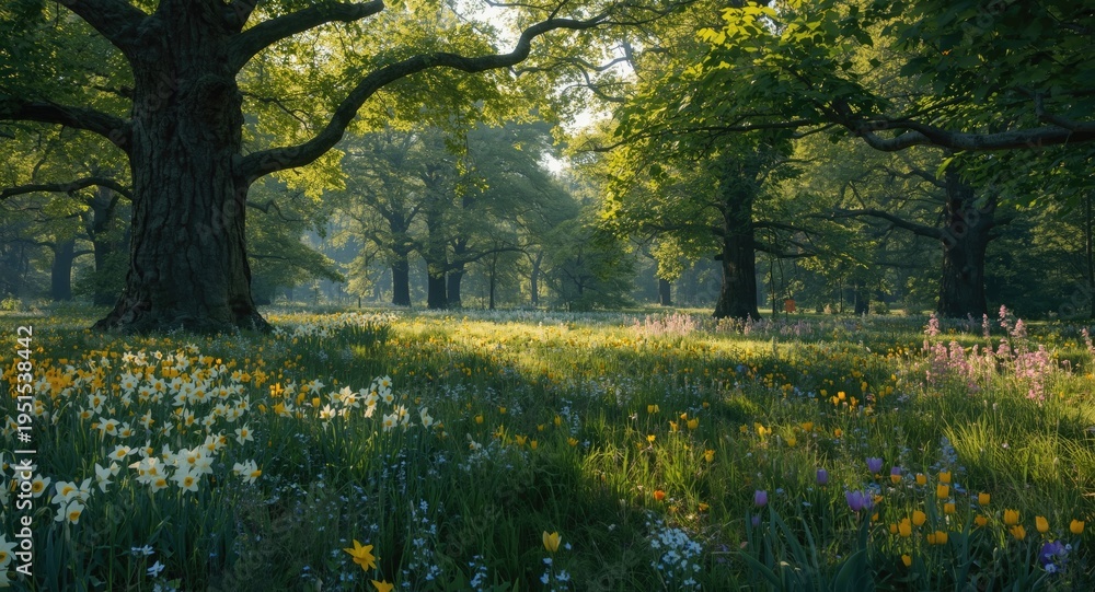 Obraz premium Magnificent trees tower over a colorful carpet of spring flowers and green grass in a summer forest