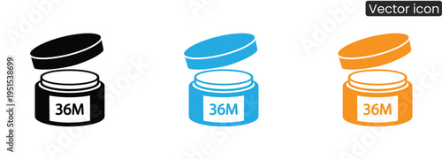 Vector icons of open jars in black, blue, and orange on white background, representing 36M storage, for business and data storage concepts
