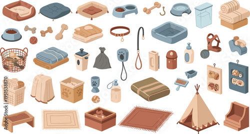 Cartoon Pet Care Supplies Collection with Beds Collars Bowls Toys Grooming Tools Carriers and Animal Accessories for Vector Illustration