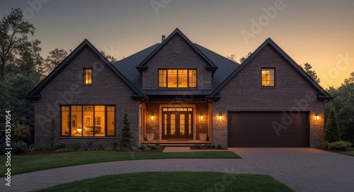 Exterior of a modern home with brick frontage and floor to ceiling windows glowing at sunset