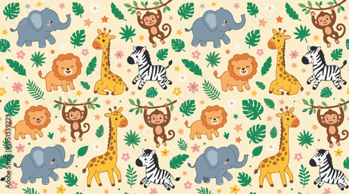Adorable Jungle Animals Pattern A Seamless Repeating Design Featuring Lions, Giraffes, Zebras, Elephants, and Monkeys on a Light Yellow Background with Green Tropical Leaves