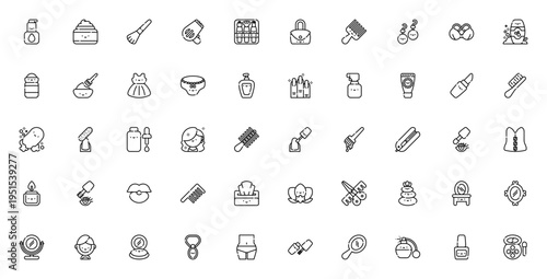 Beauty icon set. Vector beauty and cosmetics collection. Includes serum, cream, brush, dryer, handbag, lipstick, mascara, spa, mirror and more. Editable thin line icons.