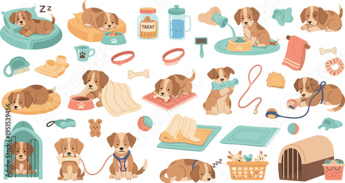 Cartoon Puppy Care Collection with Dogs Beds Toys Grooming Supplies Treats Leashes and Pet Accessories for Cute Animal Vector Illustration