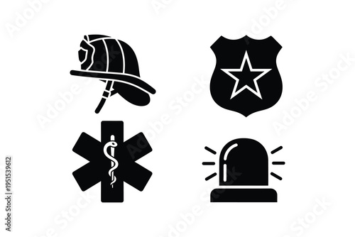 Emergency services black glyph icons set - First responder symbols collection