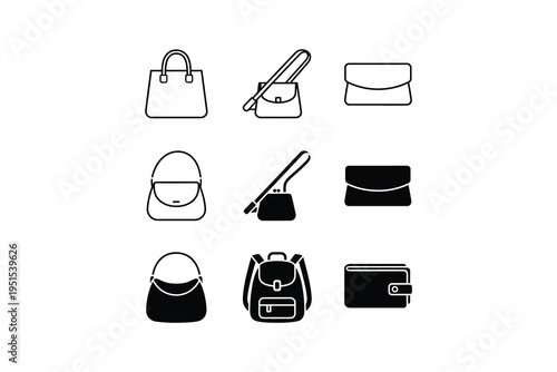 Fashion bag icon set handbag clutch wallet - Black line art purse and backpack collection