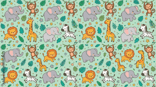 Seamless pattern with adorable cartoon jungle animals