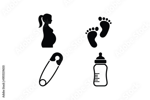 Pregnancy and newborn care black icon set - Maternity and baby essentials silhouette icons